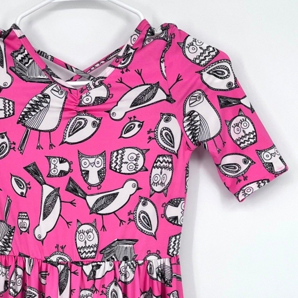 NWT Dot Dot Smile Skater Dress Girls 8/10 Pink Owl Bird Print Criss Cross Back